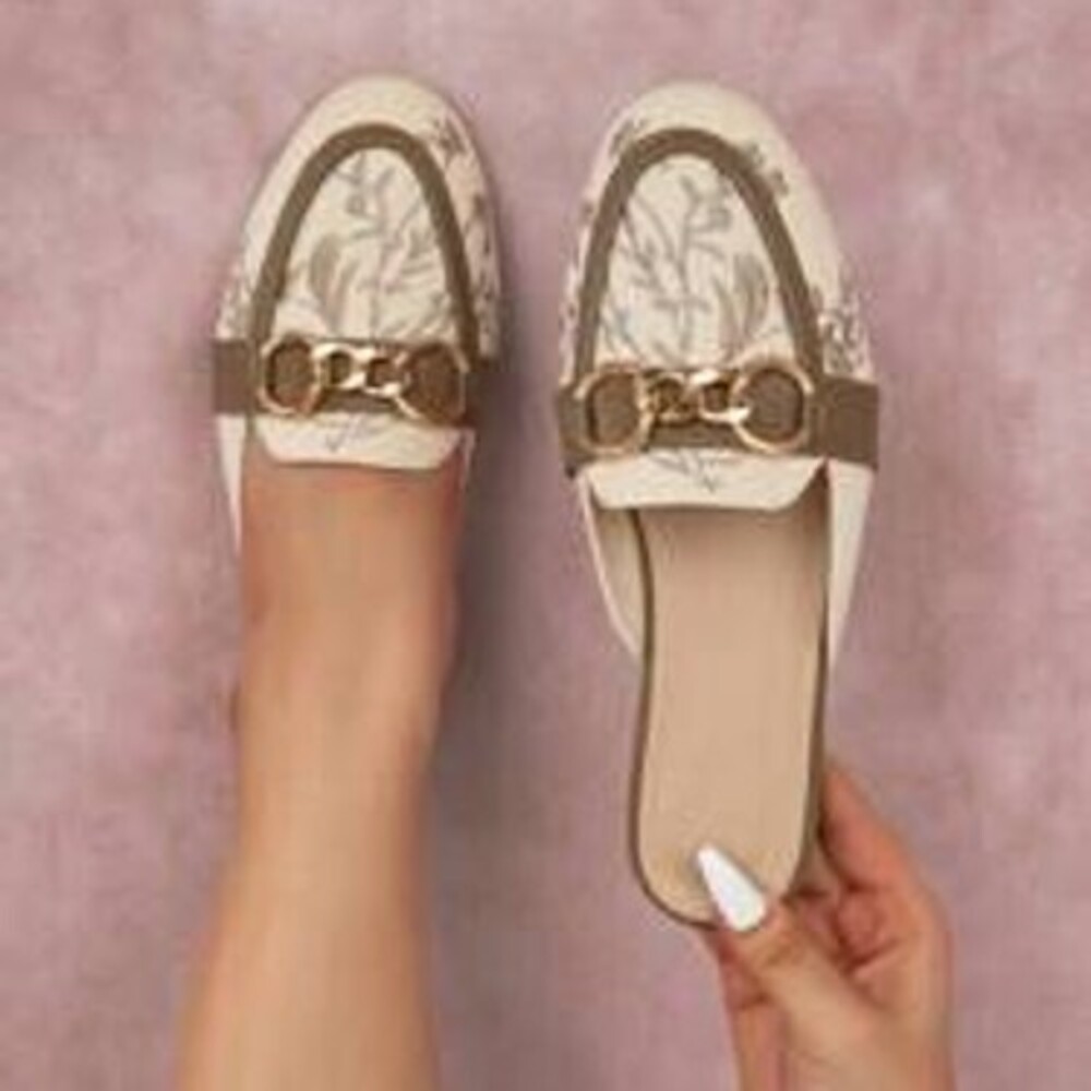 CUCCOO Women's Wide Fit Fashionable Apricot Embroidered Mule Flat Shoes